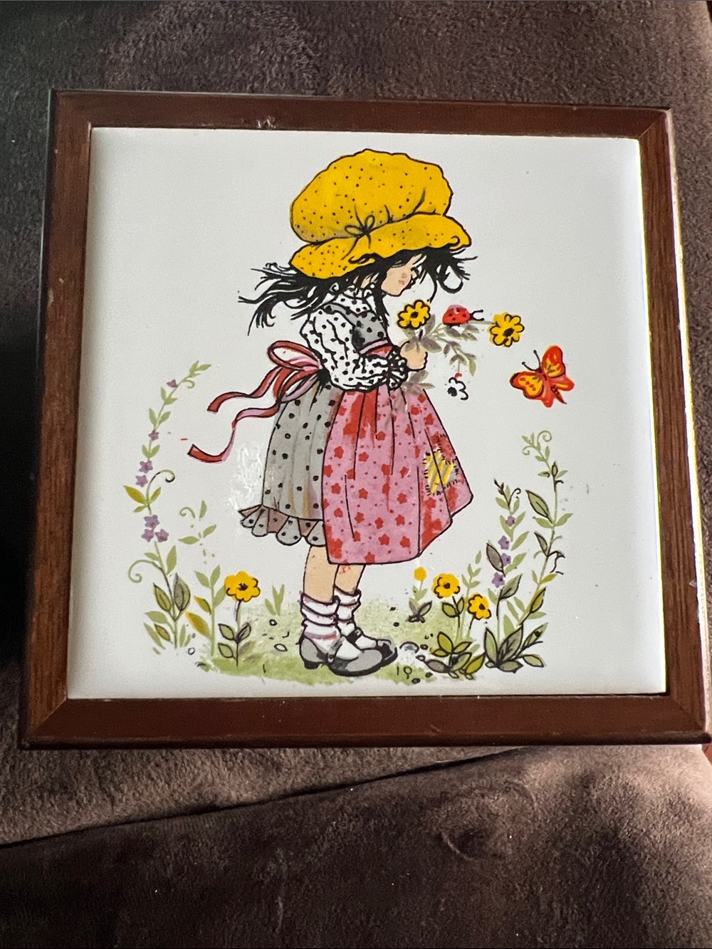 Vintage 1970s Wood Tile Top Jewelry Box - Holly Hobbie Style - filled 💜